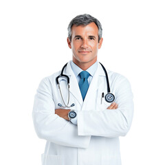 Fototapeta premium Confident male doctor with stethoscope, isolated on white background.