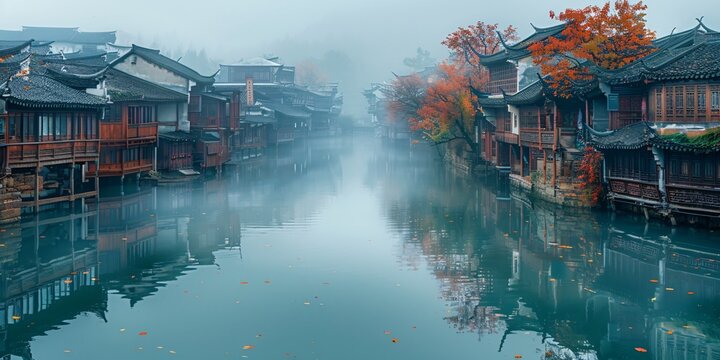 Beautiful traditional Jiangnan landscape illustration featuring Suzhou under misty rain, reflecting ancient Chinese culture and serene water town vibes. A picturesque scene of bridges, canals, and cla