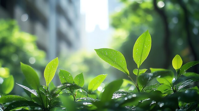 Small urban forest with lush greenery growing beside a city building, closeup, white background