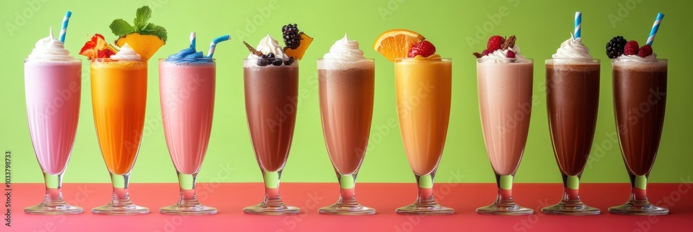 Poster a vibrant display features tall glasses filled with an assortment of drinks and milkshakes, each top
