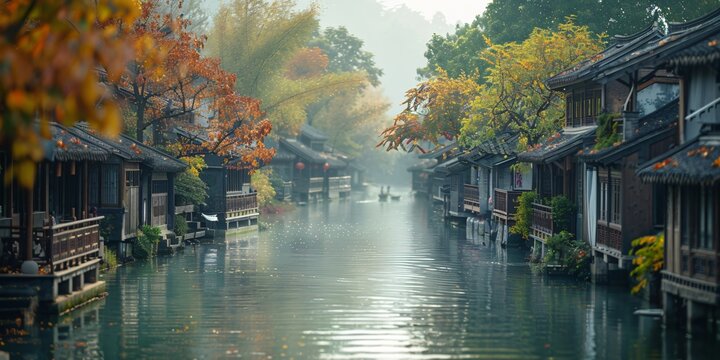Beautiful traditional Jiangnan landscape illustration featuring Suzhou under misty rain, reflecting ancient Chinese culture and serene water town vibes. A picturesque scene of bridges, canals, and cla