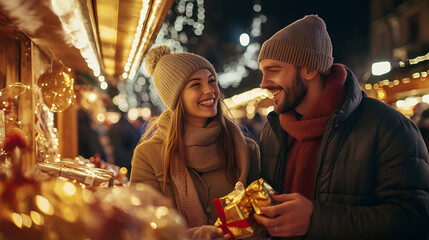 The image depicts a young couple smiling warmly at each other while holding small, beautifully wrapped gifts. They are in a festive, outdoor market setting, illuminated by twinkling lights and holiday