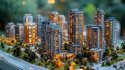 A miniature cityscape model with illuminated buildings and trees, representing urban development and real estate.