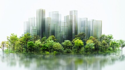 Obraz premium Tiny urban forest thriving near tall glass buildings, closeup of trees and foliage, white background