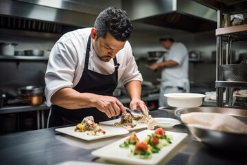 A Latino chef in a culinary workshop preparing a signature dish expertise cooking kitchen.