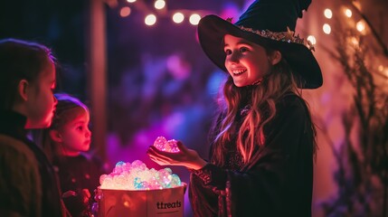 Fototapeta premium Young Witch Showing Glowing Crystals to Children at Halloween