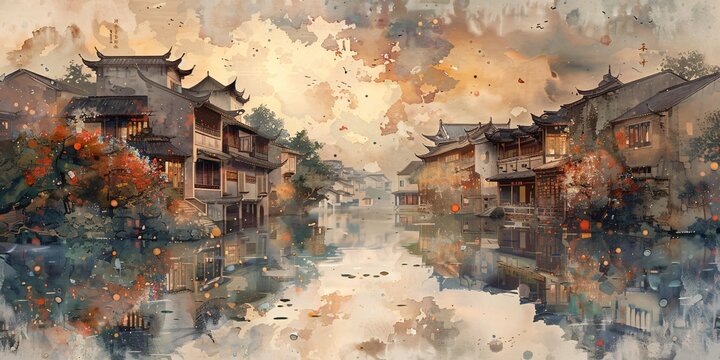 Beautiful traditional Jiangnan landscape illustration featuring Suzhou under misty rain, reflecting ancient Chinese culture and serene water town vibes. A picturesque scene of bridges, canals, and cla