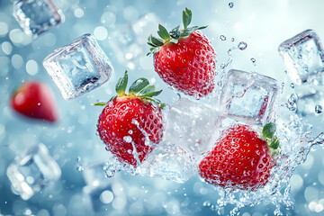 image featuring fresh strawberries and ice cubes suspended in the air, surrounded by dynamic splashes of water and bubbles