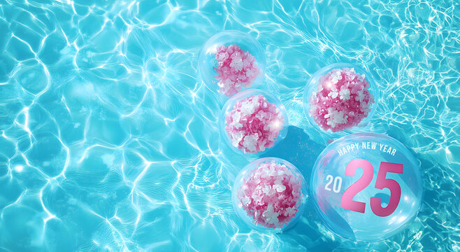 Happy New Year 2025 written on a transparent  balloon with others balloons decorated with pretty floral patterns on a blue swimming pool water. Copy text.
