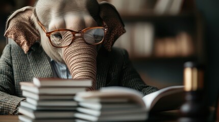A whimsical figure wearing an elephant mask is seated indoors, diligently reading a stack of documents, merging the imaginative with the studious in a unique blend.