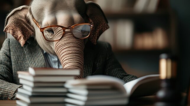 A whimsical figure wearing an elephant mask is seated indoors, diligently reading a stack of documents, merging the imaginative with the studious in a unique blend.