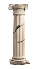 ancient greek ionic column with fluted design and weathered cracks on isolated background
