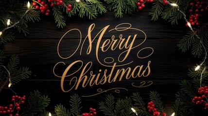Merry Christmas is written on a wooden sign with a Christmas tree and berries