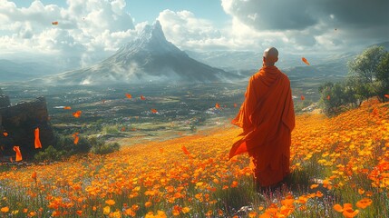 Fototapeta premium Peaceful Monk Amidst Colorful Prayer Flags in Nature