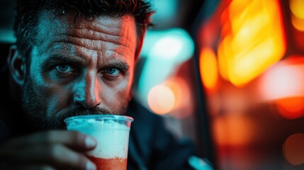 A man holds a vibrant drink with a focused expression, set against a glowing background that...