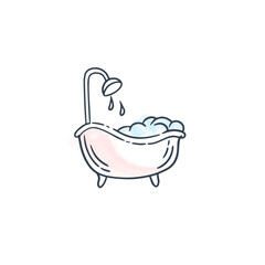 bathtub with shower icon, line style, watercolor, doodle