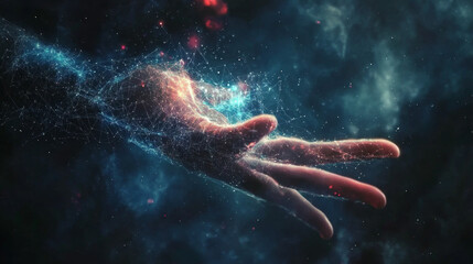 Obraz premium Concept of digital transformation or deep learning, featuring a graphic of a hand reaching out with futuristic elements.