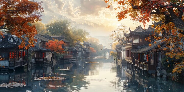 Beautiful traditional Jiangnan landscape illustration featuring Suzhou under misty rain, reflecting ancient Chinese culture and serene water town vibes. A picturesque scene of bridges, canals, and cla