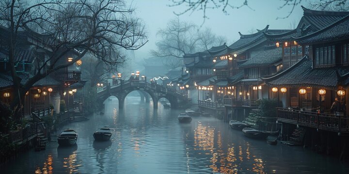 Beautiful traditional Jiangnan landscape illustration featuring Suzhou under misty rain, reflecting ancient Chinese culture and serene water town vibes. A picturesque scene of bridges, canals, and cla
