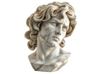 bust of alexander the great with flowing hair and intricate marble details on isolated background
