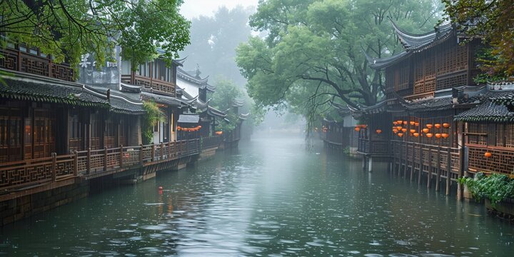 Beautiful traditional Jiangnan landscape illustration featuring Suzhou under misty rain, reflecting ancient Chinese culture and serene water town vibes. A picturesque scene of bridges, canals, and cla