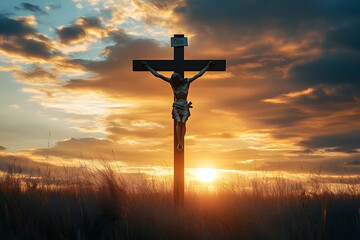 Silhouette jesus christ crucifix on cross on calvary sunset background concept for good friday he is risen in easter day, good friday jesus death on crucifix, world christian and holy spirit religious
