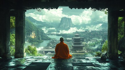 Monks Contemplating Nature in Serene Landscape