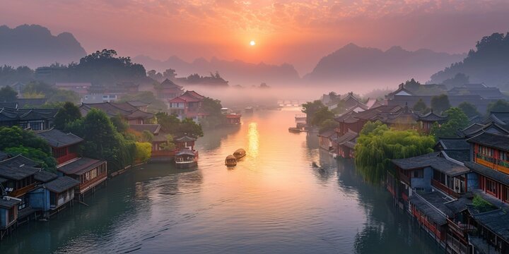 Beautiful traditional Jiangnan landscape illustration featuring Suzhou under misty rain, reflecting ancient Chinese culture and serene water town vibes. A picturesque scene of bridges, canals, and cla