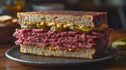 Savor a deli-style pastrami sandwich with mustard and pickles on rye bread. Enjoy this american classic for lunch or dinner at a restaurant, cafe, or diner