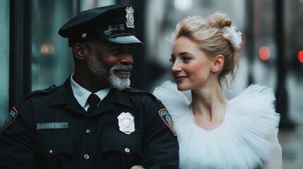 A bride in a soft white gown shares an affectionate gaze with a uniformed officer, their captivating moment exuding love and tenderness in a bustling urban scene.