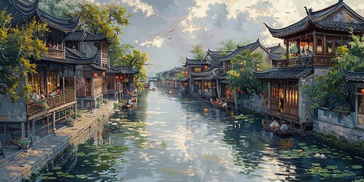 Beautiful traditional Jiangnan landscape illustration featuring Suzhou under misty rain, reflecting ancient Chinese culture and serene water town vibes. A picturesque scene of bridges, canals, and cla
