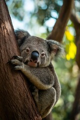 Obraz premium A cute koala bear is seen holding on tightly to a tree trunk.