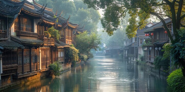 Beautiful traditional Jiangnan landscape illustration featuring Suzhou under misty rain, reflecting ancient Chinese culture and serene water town vibes. A picturesque scene of bridges, canals, and cla