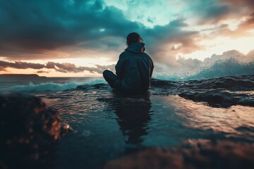 Obraz premium A solitary person sits on rocky shoreline as waves crash under a dramatic sky, embraced by the sunset's colors.