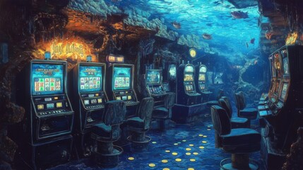 Fototapeta premium Underwater shipwreck casino with ghostly pirate croupiers bioluminescent chips