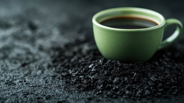A rich green ceramic coffee cup rests on a dark, textured surface, creating a strong visual contrast with a homely feel, ideal for lifestyle and culinary visual content.