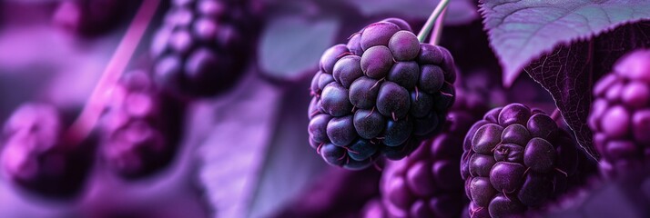 Purple blackberries clustered closely, surrounded by vivid leaves.