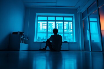 Obraz premium A silhouette of a man sits alone in a blue-toned modern room, filled with light and quiet reflection.