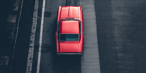 A classic red car viewed from above on a striped idyllic road.