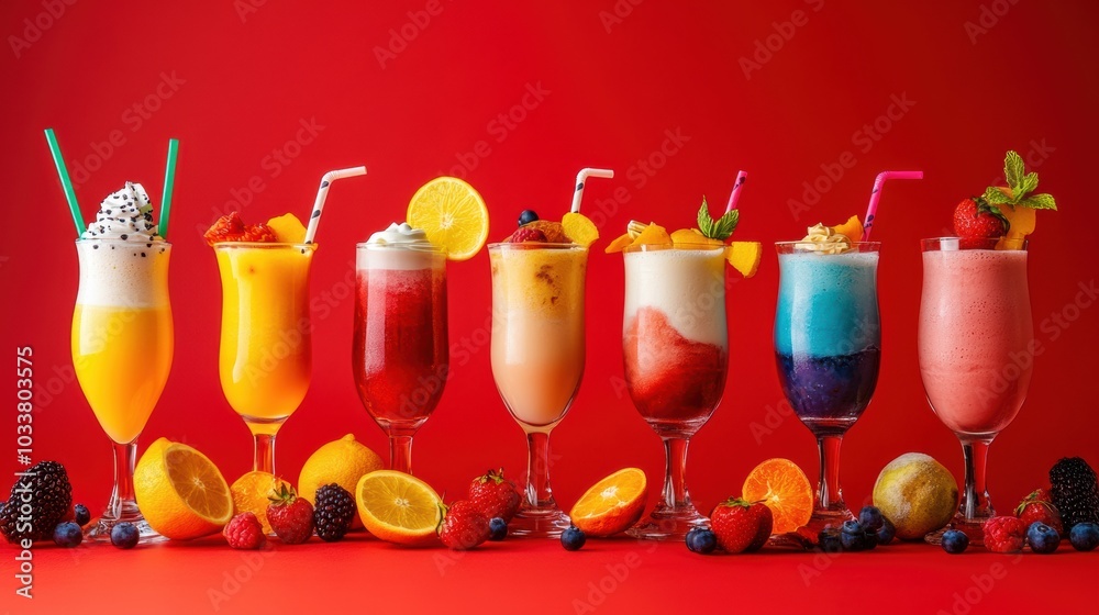 Aufkleber a vibrant display of tall glasses filled with milkshakes and fruity drinks, adorned with colorful ga