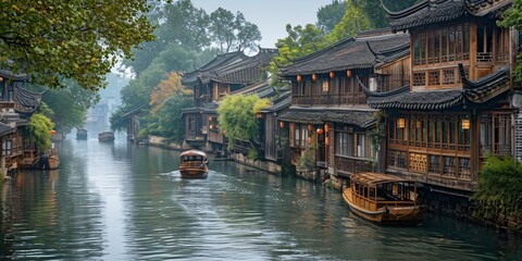 Fototapeta premium Beautiful traditional Jiangnan landscape illustration featuring Suzhou under misty rain, reflecting ancient Chinese culture and serene water town vibes. A picturesque scene of bridges, canals, and cla