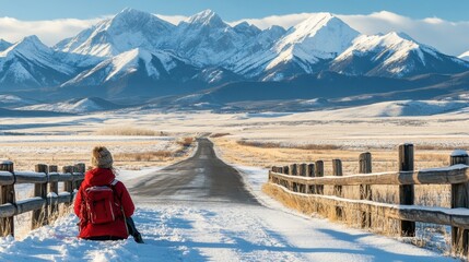 Snowy mountain vista with a hiker resting along a winding road in the early morning light