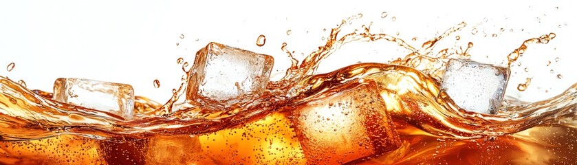 Refreshing splash of cola with ice cubes, perfect for summer drinks or beverage promotions.
