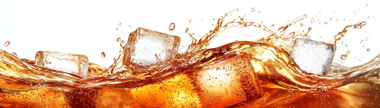 Refreshing splash of cola with ice cubes, perfect for summer drinks or beverage promotions.