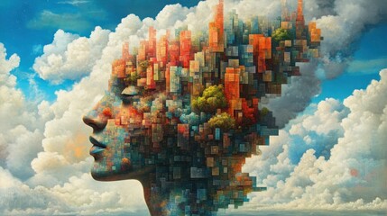 A dreamlike landscape of a woman\'s profile merging with vibrant cityscapes under a dramatic sky