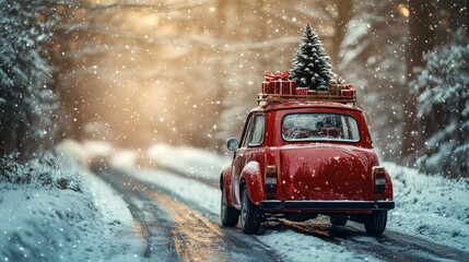 Festive red car drives through a snowy forest road with a christmas tree and gifts on its roof as the sun sets in the background