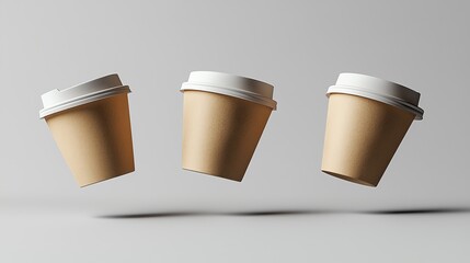 Three floating coffee cups on a neutral background, perfect for showcasing beverage packaging or cafe branding.