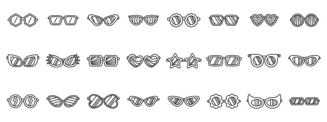 Groovy sunglasses icons set. This illustration features a variety of sunglasses with different frame styles, perfect for depicting summer, fashion, or personal style