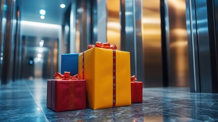 Colorful wrapped gifts waiting in a modern hotel hallway near elevators during festive season