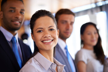 Portrait, woman and group of business people in office together with diversity, smile and solidarity. About us, legal support and happy team with confidence, pride or management at corporate law firm